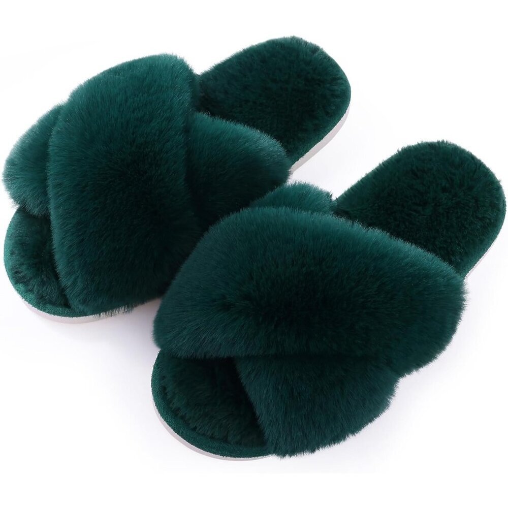 〽️Womens Slip on Sandal Green Cross Band Soft Memory Foam House Open Toe Slipper